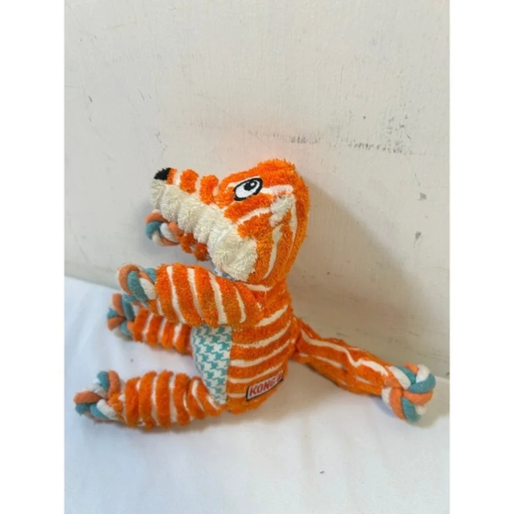 KONG Knots Fox Dog Toy Small Medium Orange Striped Rope Squeaker Plush Pet